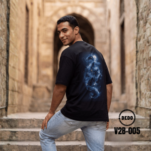 DEDO V2B-005 black oversized T-shirt with blue dragon back graphic in a historic Egyptian setting