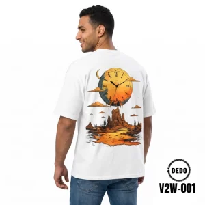 DEDO V2W-001 white oversized T-shirt with melting clock and desert landscape back print
