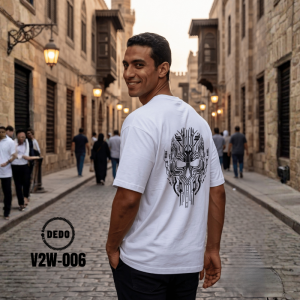 DEDO V2W-006 white oversized T-shirt with futuristic black circuit graphic on the back in an old city street