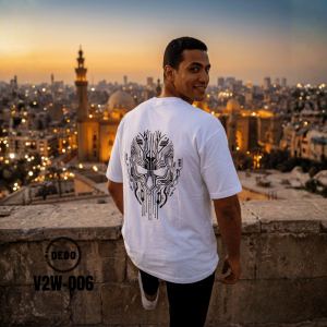 DEDO V2W-006 white oversized T-shirt with futuristic black circuit graphic overlooking Cairo at sunset