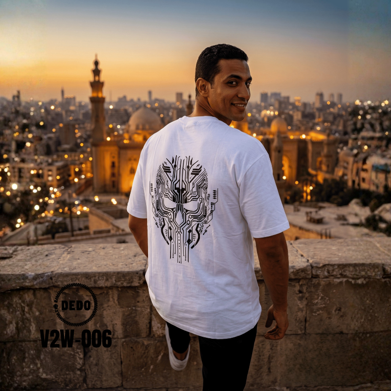 DEDO V2W-006 white oversized T-shirt with futuristic black circuit graphic overlooking Cairo at sunset