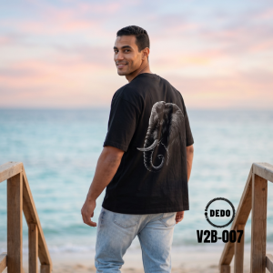 DEDO Men's Black Oversized Elephant Graphic T-Shirt – Beach Sunset Lifestyle (Model V2B-007)