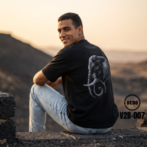 DEDO Men's Black Oversized Elephant Graphic T-Shirt – Mountain Sunset Lifestyle Look (Model V2B-007)