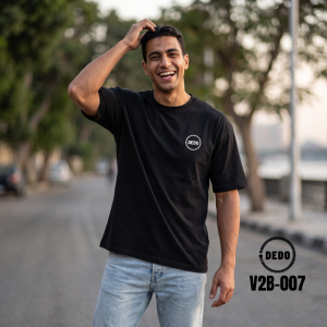 DEDO Men's Black Oversized T-Shirt with Circular Chest Logo – Front View Streetwear Style (Model V2B-007)