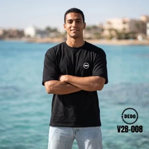 Front view of DEDO V2B-008 black oversized t-shirt with circular chest logo