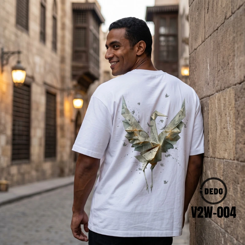 White Oversized T-Shirt with Origami Crane Graphic – DEDO V2W-004 - Image 4