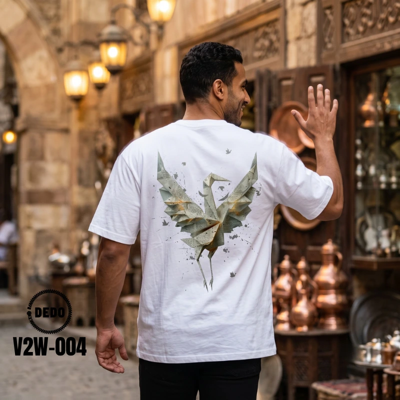 White Oversized T-Shirt with Origami Crane Graphic – DEDO V2W-004 - Image 3
