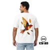 DEDO V2W-009 white oversized graphic t-shirt with an artistic flying bird print against a white studio background.