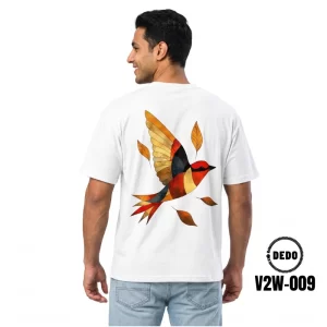 DEDO V2W-009 white oversized graphic t-shirt with an artistic flying bird print against a white studio background.