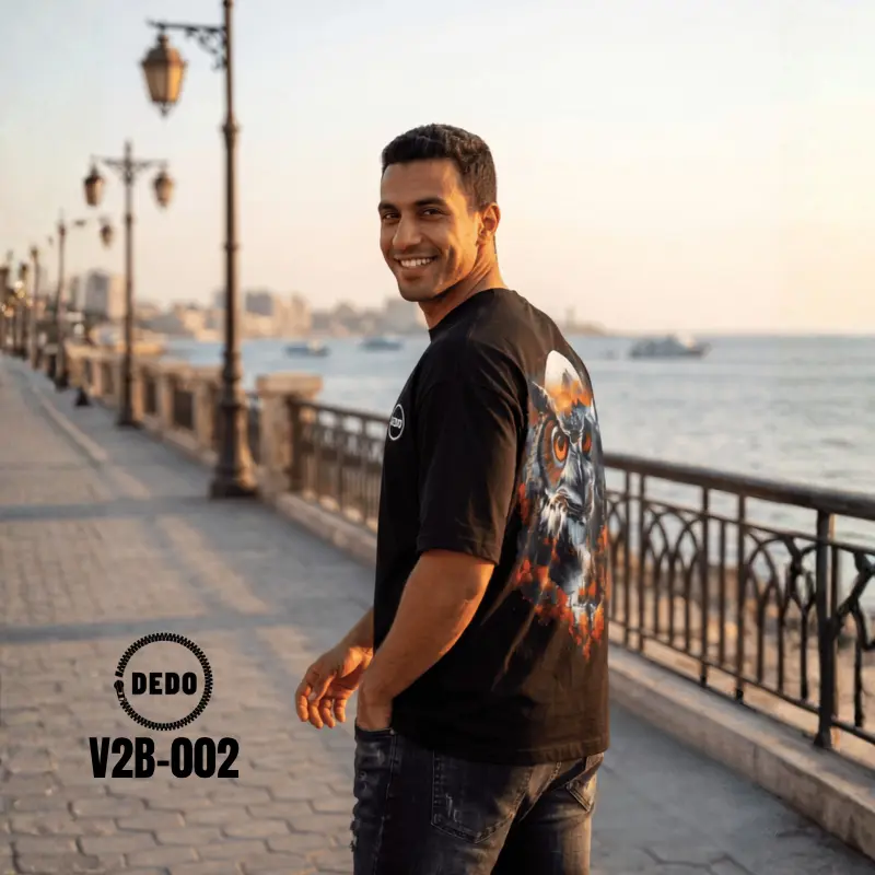 Men's Black Oversized T-Shirt with Owl Back Print - V2B-002 - Image 6